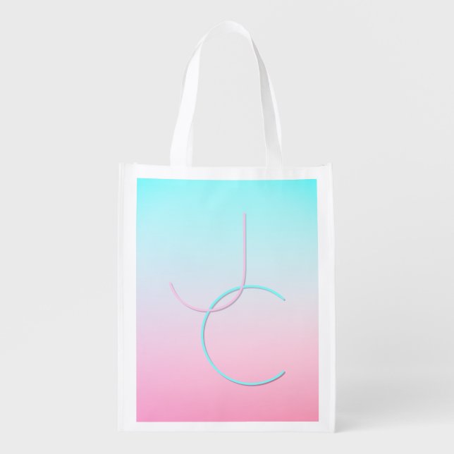 Modern 2 Overlapping Initials | Turquoise Pink Grocery Bag (Front)