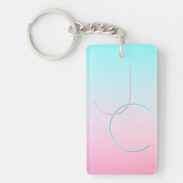 Modern 2 Overlapping Initials | Turquoise Pink Keychain (Front)