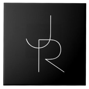 Modern 2 Overlapping Initials   White on Black Ceramic Tile