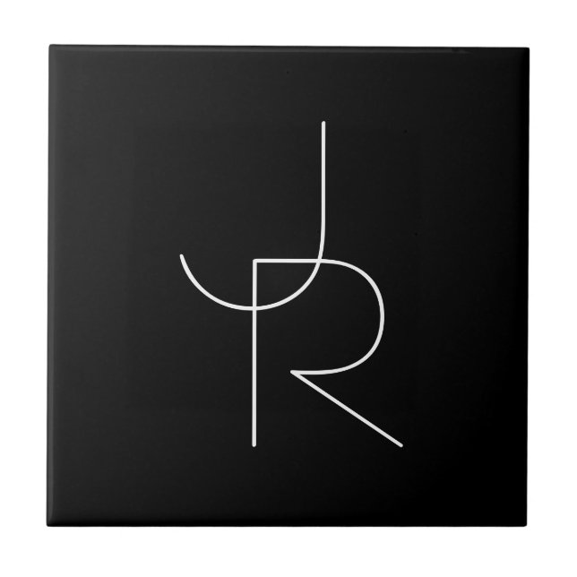Modern 2 Overlapping Initials | White on Black Ceramic Tile (Front)