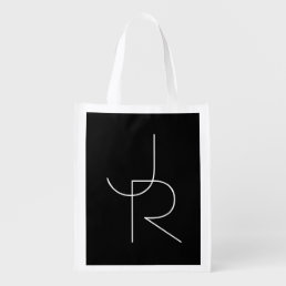 Modern 2 Overlapping Initials | White on Black Grocery Bag