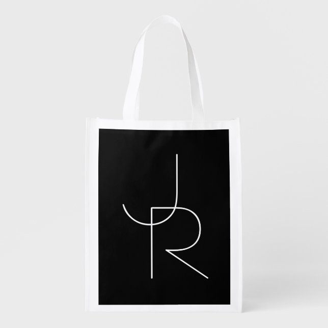 Modern 2 Overlapping Initials | White on Black Grocery Bag (Front)