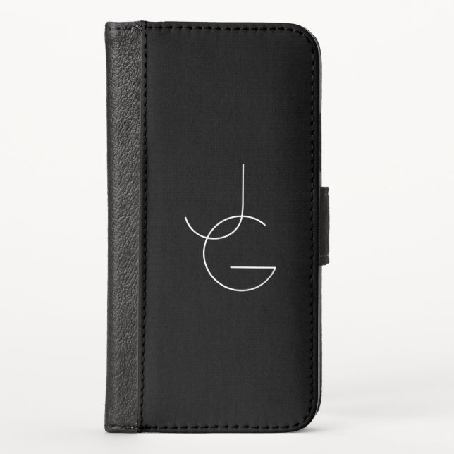 Modern 2 Overlapping Initials | White on Black iPhone Wallet Case (Front)