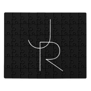 Modern 2 Overlapping Initials   White on Black Jigsaw Puzzle