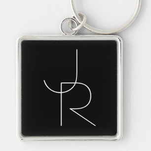 Modern 2 Overlapping Initials   White on Black Keychain