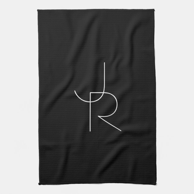 Modern 2 Overlapping Initials | White on Black Kitchen Towel (Vertical)