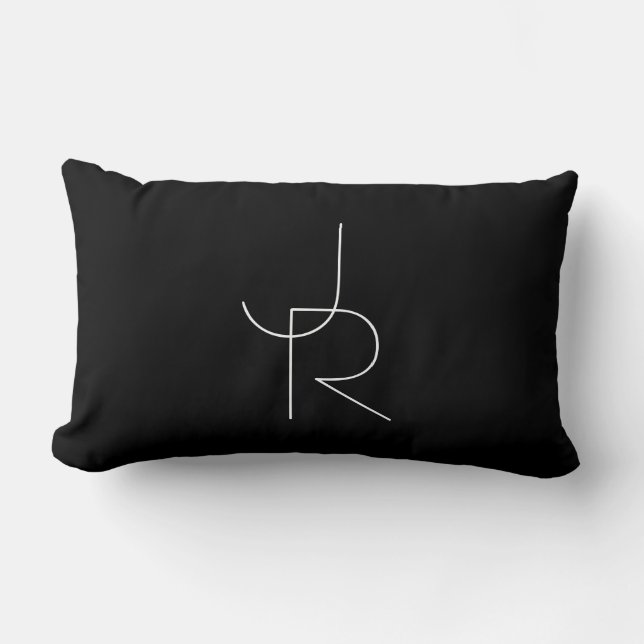 Modern 2 Overlapping Initials | White on Black Lumbar Pillow (Front)