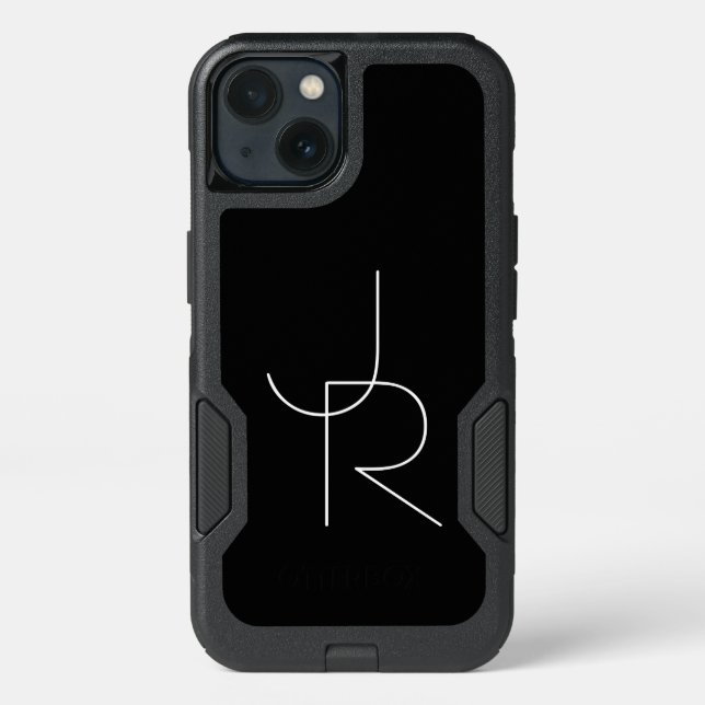 Modern 2 Overlapping Initials | White on Black Otterbox iPhone Case (Back)