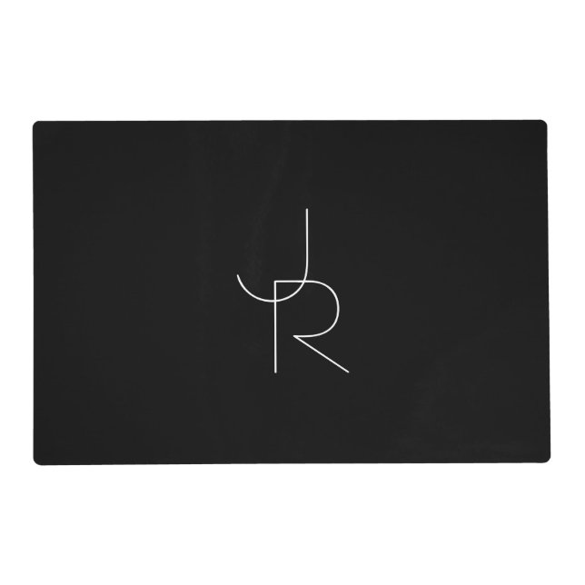 Modern 2 Overlapping Initials | White on Black Placemat (Front)