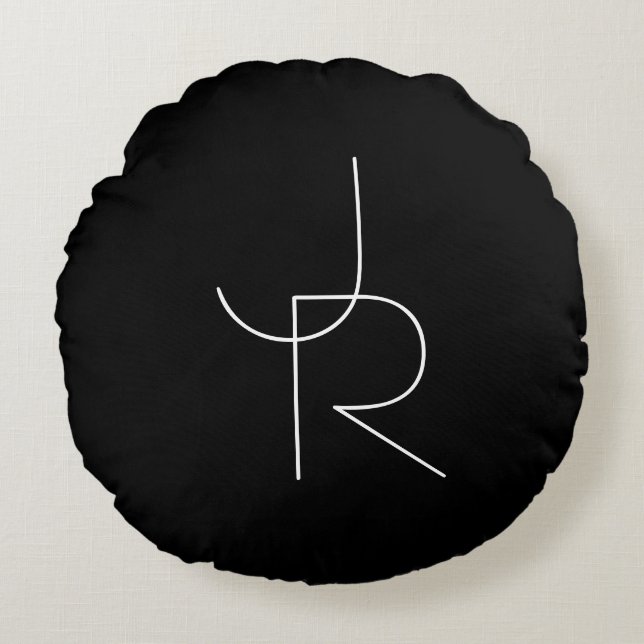 Modern 2 Overlapping Initials | White on Black Round Pillow (Front)