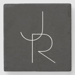 Modern 2 Overlapping Initials | White on Black Stone Coaster