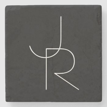Modern 2 Overlapping Initials | White On Black Stone Coaster by simple_monograms at Zazzle