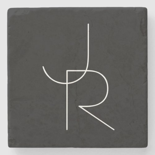 Modern 2 Overlapping Initials  White on Black Stone Coaster