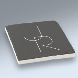 Modern 2 Overlapping Initials | White on Black Stone Coaster