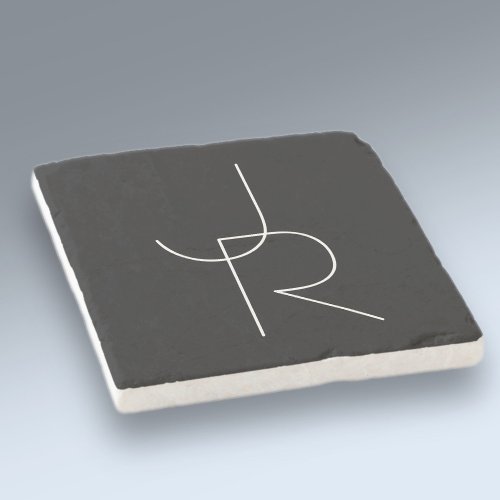 Modern 2 Overlapping Initials  White on Black Stone Coaster