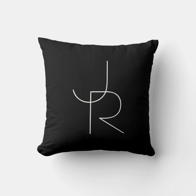 Modern 2 Overlapping Initials | White on Black Throw Pillow (Front)
