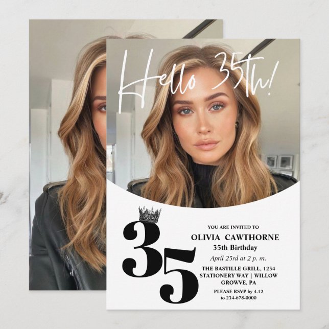 Modern 2 Photo 35th Birthday White Black Invitation (Front/Back)