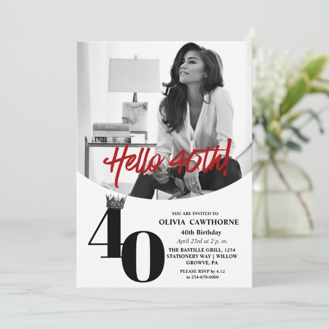 Modern 2 Photo 40th Birthday White Black Invitation (Standing Front)