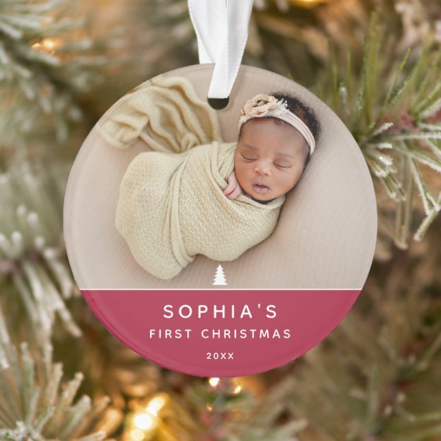 Modern 2 Photo Baby's First Christmas Acrylic Ornament (Tree)
