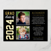 Modern 2 Photo Black and Gold Graduation Party Foil Invitation (Front)