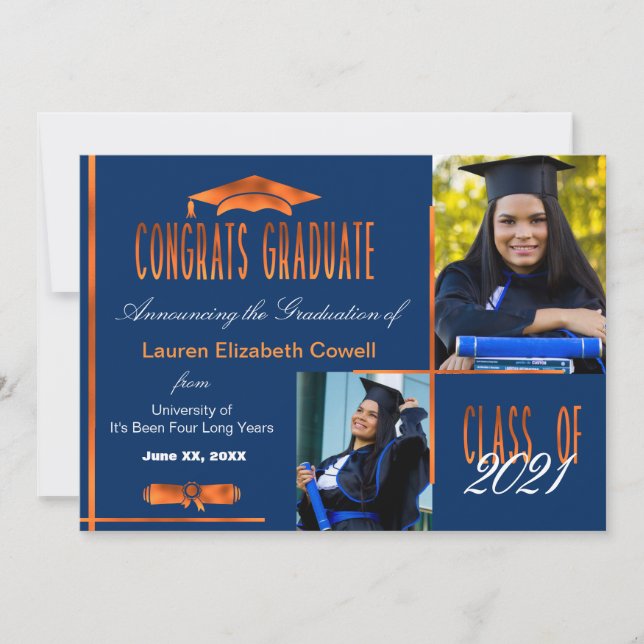 Modern 2 Photo Blue & Orange Graduate Announcement (Front)
