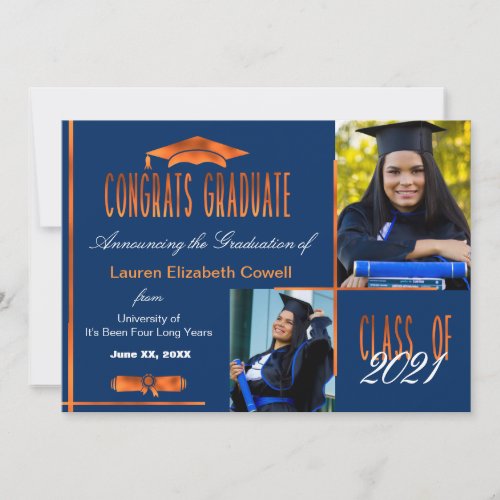 Modern 2 Photo Blue  Orange Graduate Announcement