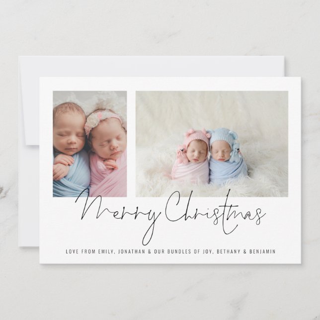 Modern 2 Photo Collage Baby Twins First Christmas Holiday Card (Front)