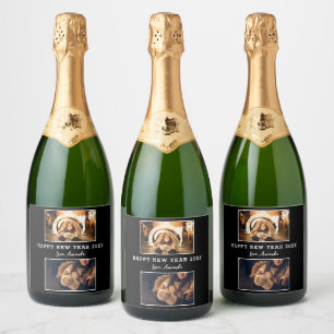 Modern 2 Photo Collage Black Happy New Year 2023 Sparkling Wine Label