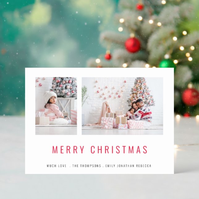 Modern 2 Photo Collage Merry Christmas  Letterpress Photo Cards (Front (Into))