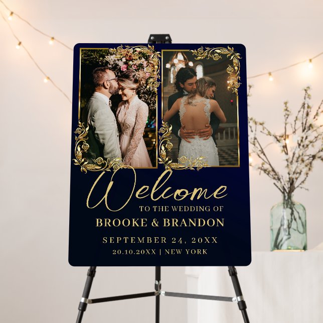 Modern 2 Photo Collage Wedding Welcome Foam Board (In Situ (Stand))