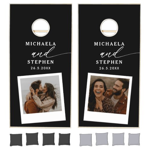 Modern 2_Photo Couples Names  Wedding Date Cornhole Set