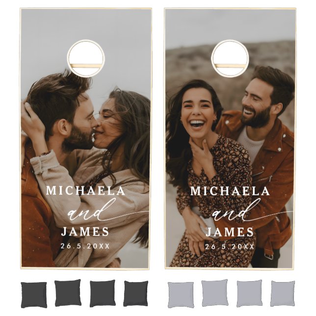 Modern 2-Photo Couple's Names & Wedding Date Cornhole Set (Set)