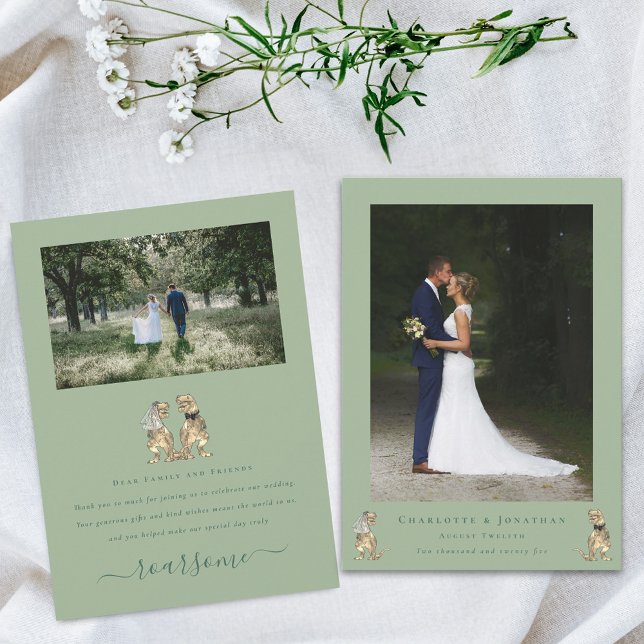 Modern 2 Photo Dinosaur Theme Wedding Sage Green Thank You Card (Dinosaur theme wedding 2 photo thank you sage green flat card T-Rex dino Bride and groom elegant )