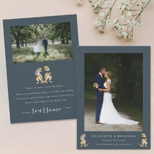 Modern 2 Photo Dinosaur Theme Wedding Thank You Card