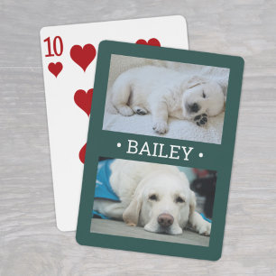 Modern 2 Photo Dog or Any Name Green and White Poker Cards