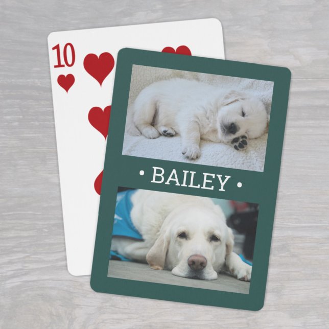 Modern 2 Photo Dog or Any Name Green and White Poker Cards (Creator Uploaded)