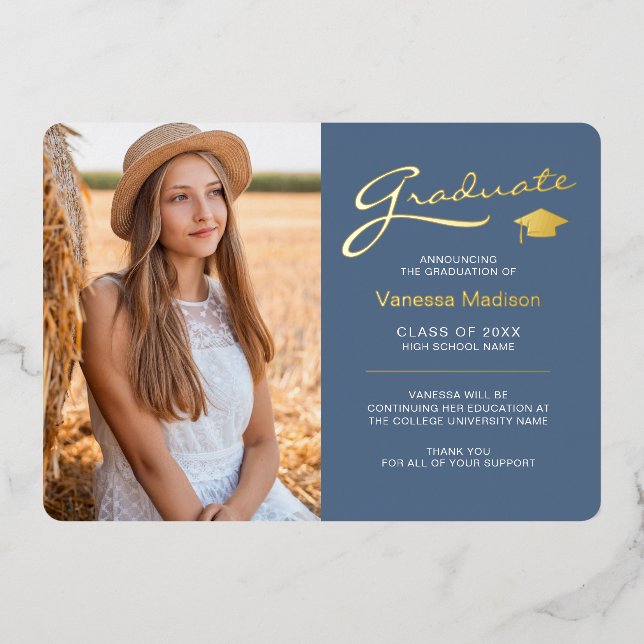 Modern 2 Photo Dusty Blue & Gold Foil Grad Card (Front)