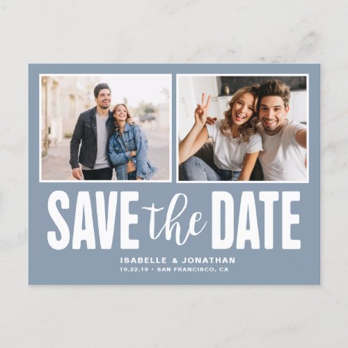 Modern 2 Photo Dusty Blue Save the Date Announcement Postcard