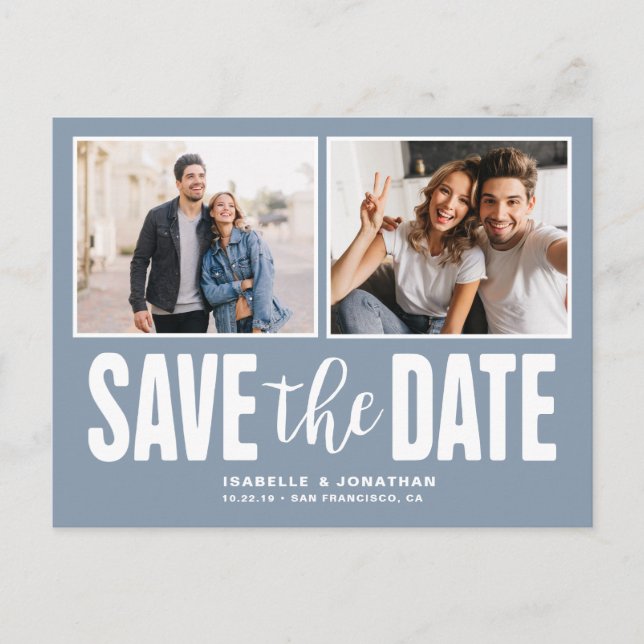 Modern 2 Photo Dusty Blue Save the Date Announcement Postcard (Front)
