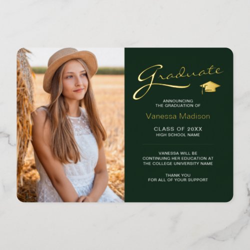 Modern 2 Photo Forest Green  Gold Foil Grad Card