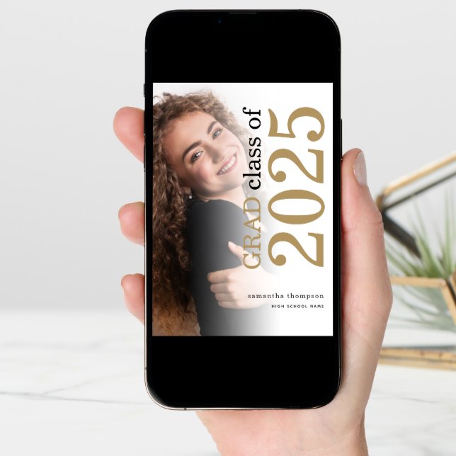 Modern 2 photo Gold Black Text 2025 Graduation Ann Announcement (Front Digital)