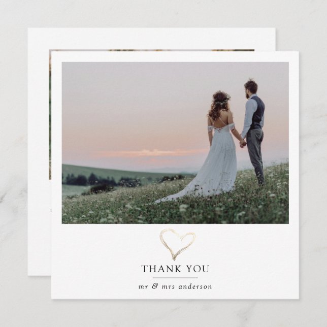 Modern 2 Photo Gold Foil Heart Wedding Thank You Card (Front/Back)
