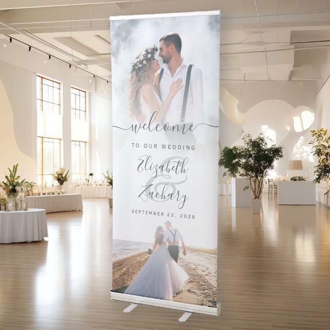 Modern 2-Photo Gray Typography Wedding Welcome Retractable Banner (Creator Uploaded)