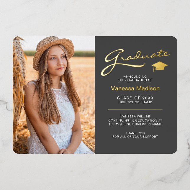 Modern 2 Photo Gray White & Gold Foil Grad Card (Front)