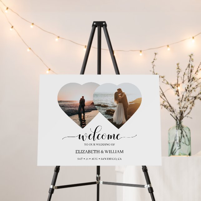 Modern 2 Photo Heart Collage Wedding Welcome Sign (In Situ (Stand))