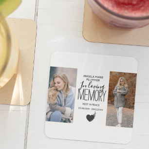 Modern 2 Photo In Loving Memory Tribute Square Paper Coaster