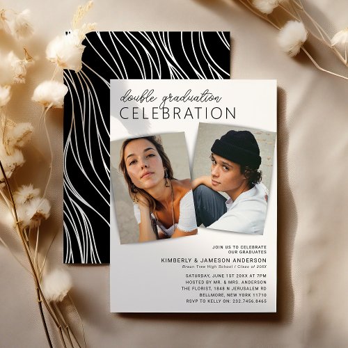 Modern 2 Photo Joint Graduation Party Invitation - Double graduation celebration party invitations featuring a simple white background, 2 graduate photos, and a elegant modern text template with your bgrad party details. On the reverse is cool retro wavy pattern background.