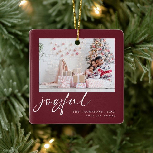 Modern 2 Photo Joyful Script Christmas Burgundy Ceramic Ornament (Tree)