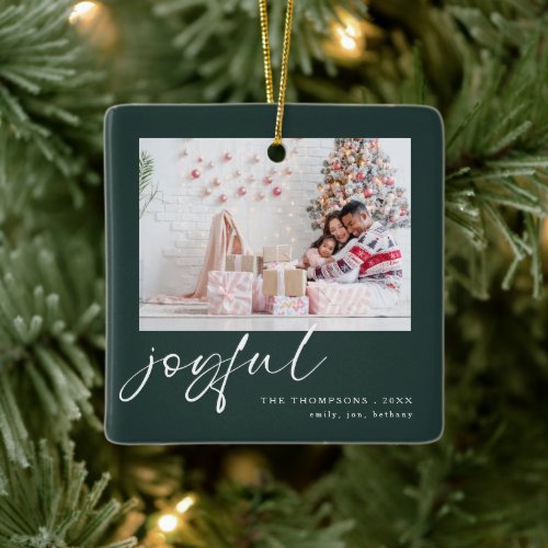 Modern 2 Photo Joyful Script Christmas Green  Ceramic Ornament