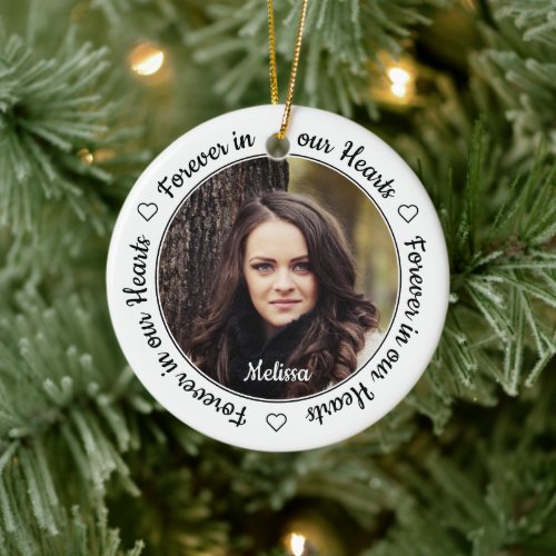 Modern 2 Photo Memorial Forever in our Hearts Ceramic Ornament - Honor your loved one with a custom photo memorial ornament. This unique memorial ornament keepsake is the perfect gift for yourself, family or friends to pay tribute to your loved one. This memorial ornament features a black and white design with decorative script and hearts.
Quote "Forever in our Hearts".
Customize with favorite photos, name dates . Ornament is double sided, you can do 2 favorite photos, one on each side. Personalize name on the front, and dates on the back.
COPYRIGHT © 2020 Judy Burrows, Black Dog Art - All Rights Reserved. Modern 2 Photo Memorial Forever in our Hearts Ceramic Ornament